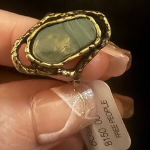 Free People Gold Hammered Ring with Sage Green Stone